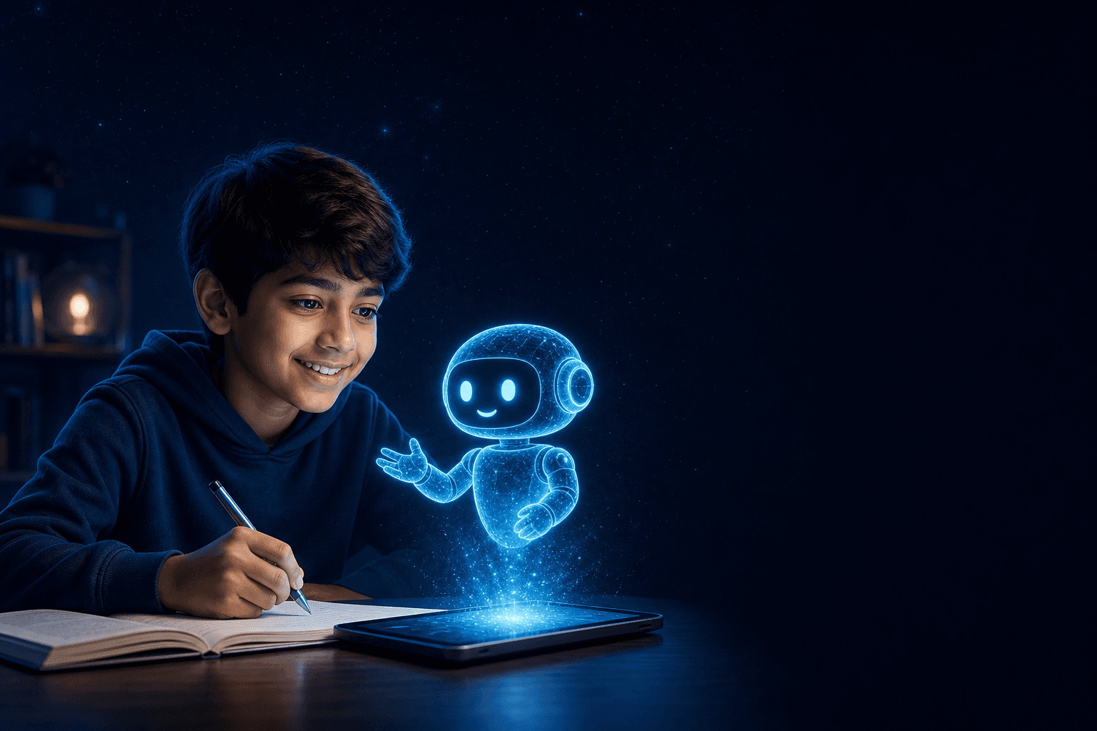 Student learning with a glowing AI tutor on a tablet